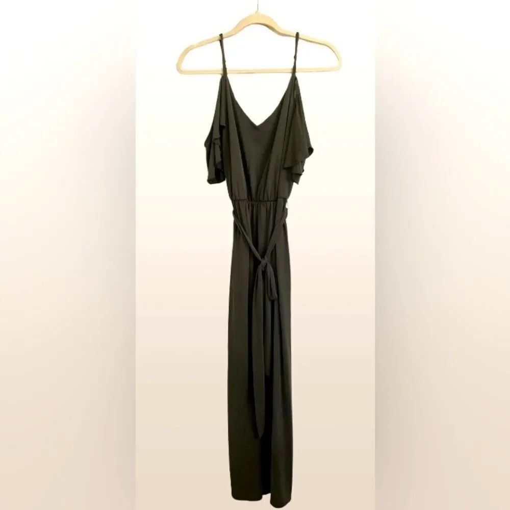 Miami Olive Green Maxi Romper with Flutter Sleeves and Crew Neck
